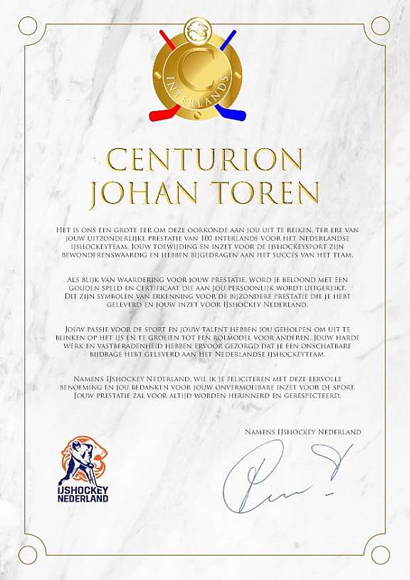 Centruion Certificaat Johan Toren
