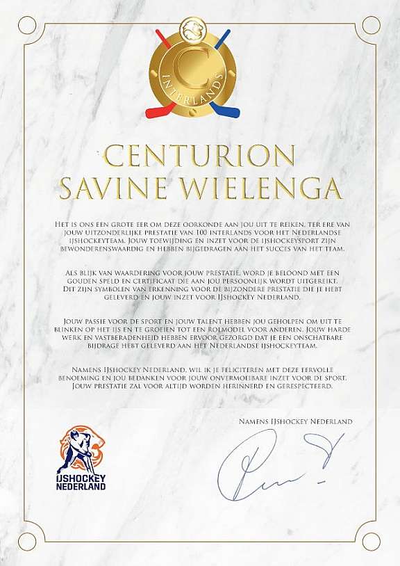 Centurion certificaat Savine Wielenga
