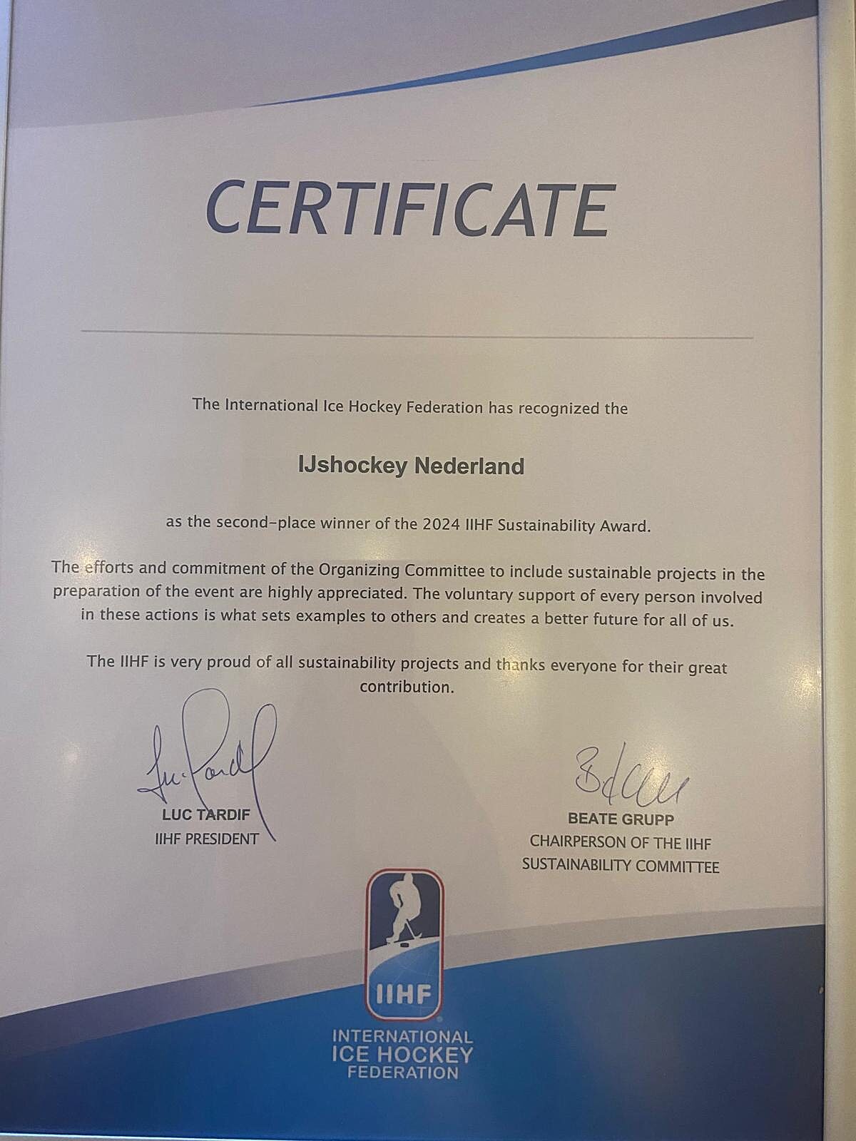 Certificaat van de tweede plaats sustainability award