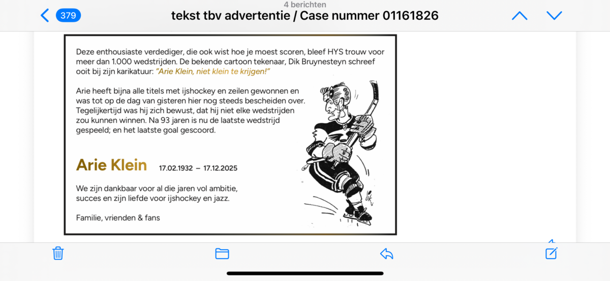 De overlijdensadvertentie zoals die in AD verschijnt