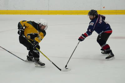 Richard Hotinga (r. HIJS HOKIJ Den Haag Flames) verdedigt tegen Anthony Mammoliti (The Striking Stallions Enschede)